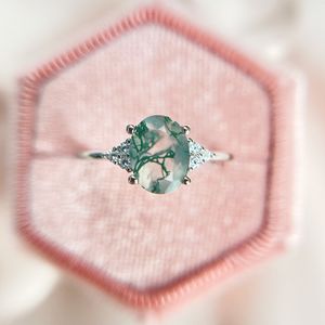 С боковыми камнями Luxyimagic Natural Moss Agate Gemstones Rings для женщин Сплошные 925 серебряных серебряных свадебных подарков