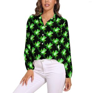 Women's Blouses Green Funny Frog Loose Blouse Cute Animal Print Street Style Oversized Female Long-Sleeve Pretty Shirts Custom Tops