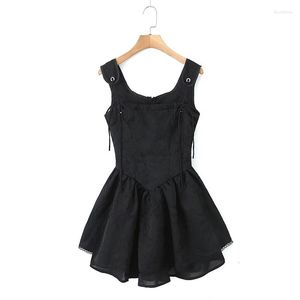 캐주얼 드레스 Yenkye Fashion Women American Retro Jacquard Black Mini Dress 여름 민소매가 낮은 허리 여성 섹시 로브