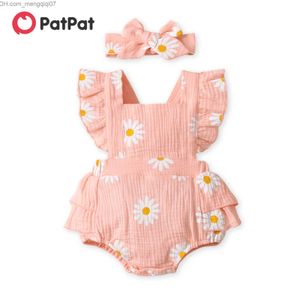 Rompers PatPat Cotton 2PCs Baby Girls Skin-tight garment Daisy Print Crepe Fabric Baby Bodysuit Set Baby Girls Bodysuit Z230711