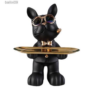 Objetos decorativos Estatuetas Bulldog Francês Decoração Mordomo com bandeja Escultura Estátua de Cachorro Decoração de Casa Decoração de Resina Estatueta de Cachorro para Decoração de Mesa T230710