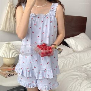 Kadın pijama spagetti kayışı yaz pijamaları set tatlı Kore fırfırları iki parçalı ev takım elbise üst kısımlar kawaii kiraz baskı ins homewear