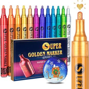 Painting Pens 12 Colors Golden Metallic Acrylic Paint Pens Glitter Markers for Rock Painting Ceramic Glass Wood Fabric Canvas Mugs DIY Crafts 230710