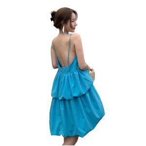Spaghettiarmband för kvinnor blå, lös badbollsklänning utan rygg, kort klänning SMLXL
