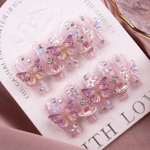 Unhas postiças lindas borboletas com strass falsas prensadas unhas compridas destacáveis feitas à mão com cobertura completa adesivos roxos para meninas