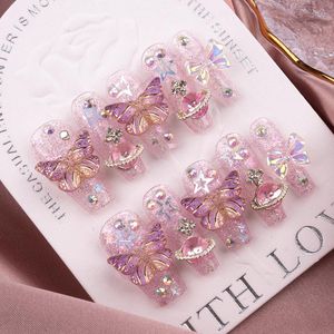 False Nails Pretty Butterfly Rhinestone Fake Press Ons Detachable Long Nail Fashion Handmade Full Cover Purple Stickers For Girls