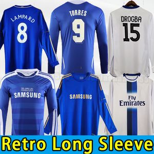 Manga longa CFC Drogba Torres Retro Soccer Jerseys Camisa de futebol Lampard Vintage CLENT CLÁSSICO Cole Zola Vialli 2003 2005 2004 2012 Campeão de 2012 2013 12 13 Mata