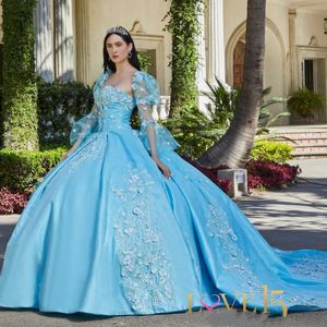 Himmelsblå Quinceanera Klänningar Beading 3D Blommig Off The Shoulder Puffärm Födelsedag Prinsessan 15 16 Fest Balklänningar