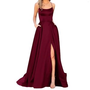 Vestidos casuais para formatura de casamento para mulheres sexy cetim espaguete sem alças fenda lateral túnica vestido justo feminino festa noite longo