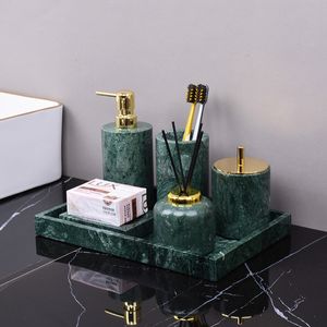 Toothbrush Holders Dark Green Natural Marble Bathroom Set Nordic Style Light Luxury Tray Holder Soap Dispenser Kit 230710