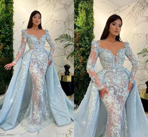 Light Sky Blue Floral Lace Mermaid Prom Dresses With Detachable Train Sequined Dubai Arabian Kaftan Abaya Long Sleeves Women Special Occasion Party Gowns CL2587