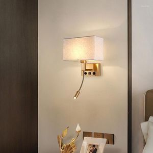 Luminária de parede moderna retangular em tecido led branco/bege/bronze El quarto cabeceira luz de leitura metal dourado-bronze iluminação interna