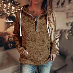 Women's Hoodies Autumn Casual Warm Jacket Winter Solid Color 1/4 Zip Up Fluffy Women Harajuku Hooded Sweatshirt Coat