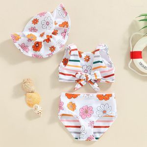 Kadın mayo çocuk kızlar 3pcs bikini seti kolsuz v boyun çiçek baskı yelek mayo yaz şort şapka yüzme havuzu mayo