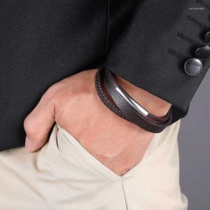 Charm Bracelets Vintage Leather Men Brown Multilayer Braided Rope Bangles Stainless Steel Magnetic Clasp Wristband Male Jewelry SP1005