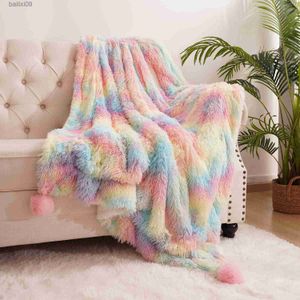 Blankets LOCHAS Rainbow Fluffy plush blanket Bedspread bed plaid on the sofa cover cute room decor baby kids blankets for beds hairball T230710
