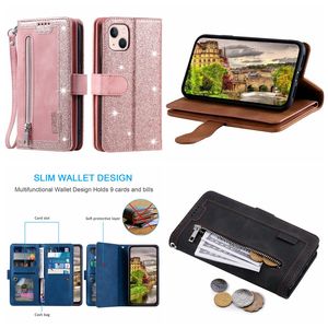 Multifunctional Leather Wallet Cases For Iphone 15 Plus 14 Pro MAX Samsung A24 A54 A04E A34 Zipper Bling Glitter Sparkle Holder Flip Cover 9 Cards Slot Business Pouch