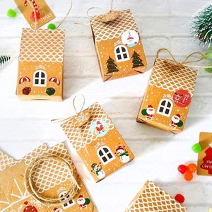 Emballage cadeau 24 ensembles boîte de maison de noël biscuits en papier kraft sac de bonbons étiquettes de flocon de neige 1-24 autocollants de calendrier de l'avent corde de jute