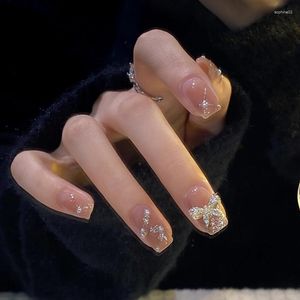 Unhas postiças 24 pçs Unhas vestíveis Pérola Glitter Laço Fita Unhas curtas com acabamento Remendo removível e reutilizável