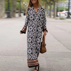 Casual Dresses Retro Geometric Pattern V-Neck Long Sleeve Holiday Dress Stitching Stripe Street Maxi 2023 Women Summer Print