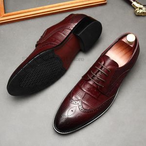 Dress Shoes Mens Oxford Crocodile Pattern Genuine Calf Leather Black Wine Red Brand Lace Up Business Office Brogue For Men