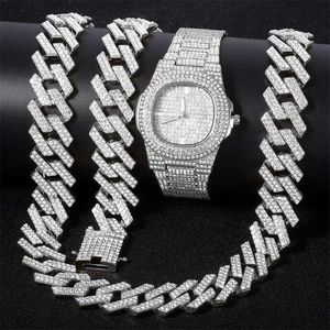 Strängar 2023 Necklace +Watch +Armband Hip Hop Miami Curb Cuban Chain Silver Color Full Iced Out Paled Rhinestones CZ For Men smycken 230613