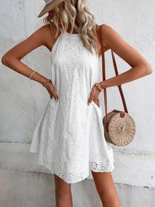 Casual Dresses Eyelet Embroidery White Tunic Dress Sleeveless Halter Summer Lace Boho Short Beach Holiday Resort Mini Women 2023