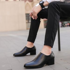 Dress Shoes 8CM Platform Leather Men Two-layer Cowhide 2023 Fashion Pointed Toe Zipper Black Casual Business Man Shoe