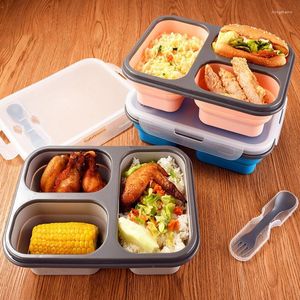 食器セットシリコンランチボックス 3 コンパートメント折りたたみ容器漏れ防止ボックススプーン付き子供のための学校オフィスポータブル