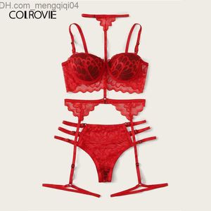 Bras Sets COLROVIE Red Floral Lace Underwire Garter Lingerie Set With Choker Women Push Up Intimates Sexy Sets Ladies Cut Out Bra Set Y200415 Z230710