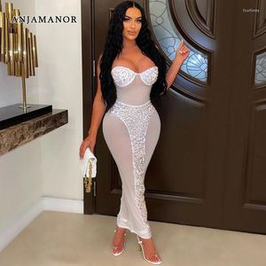 Повседневные платья Anjamanor Sequin Mesh See Whip Maxi Play, выходящее на женские сексуальные одежды Клуб одежды носить день рождения D57-DE24