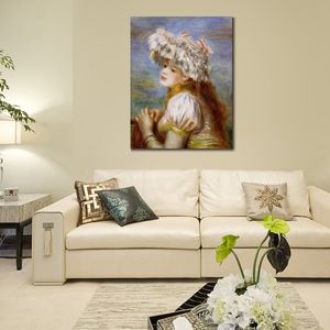Handmade Impressionist Figurative Canvas Art Girl in A Lace Hat Pierre Auguste Renoir Painting Decor for The Kitchen