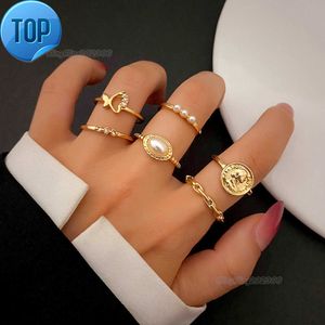 Toptan 6pcs/setler elmas kelebek zincir yüzüğü seti inci parmak yüzük kabartmalı kafa parası knuckle halkaları mücevher kadın