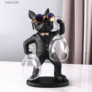 Decorative Objects Figurines KungFu Bulldog Butler Creative Wine Glass Holders Resin Dog statue Wine Glass Rack Stand for Table Desk Dcor for Kitchen Bar T230710