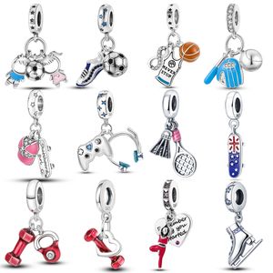 925 Sterling Silver New Fashion Dam Pandora Charm Beads World Football Games Football Hantel Yoga Lämplig för armband och armband