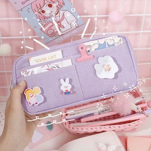 Pencil Bags Kawaii Purple Canvas Case Cute Animal Badge Pink Pencilcases Large School for Maiden Girl Stationery Supplies 230707