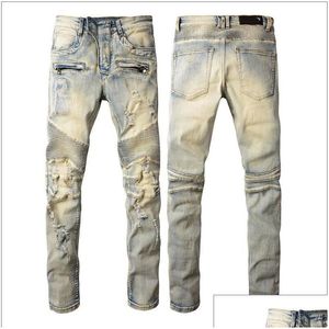 Jeans da uomo 2022 Designer Mens Hip-Hop Fashion Zipper Hole Wash Jean Retro Torn Fold Stitching Men Design Motorcycle Riding Cool Sli Dhtmf