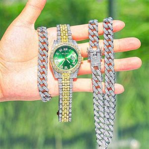 Fili Hip Hop Bracciale a catena per orologio Bling Iced Out Crystal 13mm Cubano pavimentato con strass Miami Zircone Uomo Collane per gioielli da uomo 230613