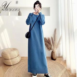 Casual Dresses Maxi For Women 2023 Loose Warm Puller Long Sweater Autumn Winter Solid O-Neck Sleeve Knitted Dress