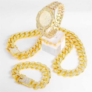 Strands Necklace watch bracelet Hip Hop Miami Cuban Link Chain Necklaces for Men Women Shiny Rhinestones Rapper Jewelry 230613