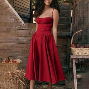 Casual Dresses Women Summer Bandeau Sling Dress Corset Design Loose Hem Pockets A-line Midi Solid Color Party Evening