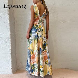 Casual Dresses Women Fashion Pattern Print Party Elegant V-Neck Sleeveless Beach Dress Office Lady Vintage Pockets Long Vestido