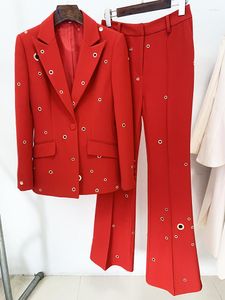 Women's Two Piece Pants 2023 Spring Autumn OL Red Suits Chic High Quality Blazers Jackets Set C962