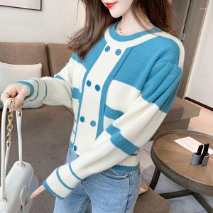 Frauenpullover Pullover Frauen 2023 Koreanischer Stil Schwarz-Weiß-gestreift Langarm Lose Mode Knopf Pullover Tops