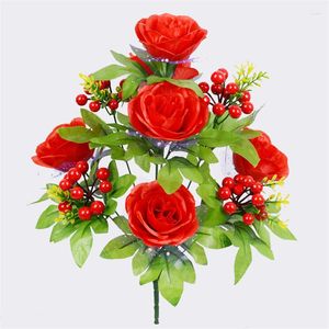 Decorative Flowers Artificial Bouquet 6 Rose With 5 Small Red Fruits Fake Flower Home Decor For DIY Wedding Garden Decoration