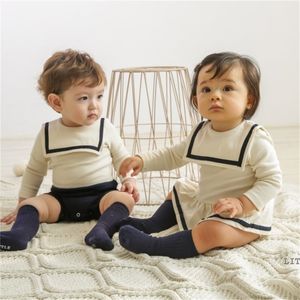 Rompers Baby Rompers Kids Sailor Collar Clothes Boys Gentle Style Jumpsuits Girls Dress-like Bodysuits born Clothing 230707
