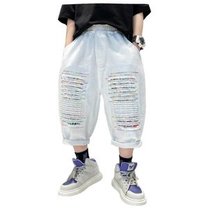 Overalls Children Mid Pants Trousers for Boys Cotton Arrivals Summer White Shorts with Ripped Teenage Kids Beach Casual Sport 230707