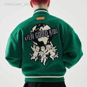 Erkek Ceketler Melekler Desen Nakış Varsity Ceket Erkekler Hiphop High Street Erkek Kadın Unisex Gevşek Bombacı Ceket Sonbahar Retro Beyzbol Üniforması HKD230710