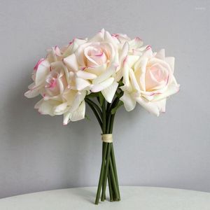 Decorative Flowers 5 Heads Artificial Curled Edge Rose Bouquet Moisture Real Touch Wedding Floral Bridal Hand Holding Roses