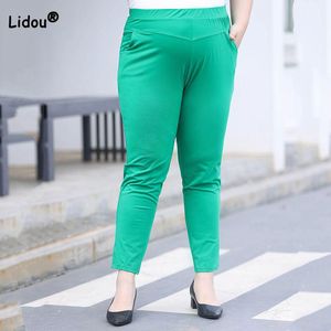 Dress Personality Street Summer Thin Plus Size Solid Color Nine Points Pants Womens Casual Elastic High Waist Pockets Pencil Trousers